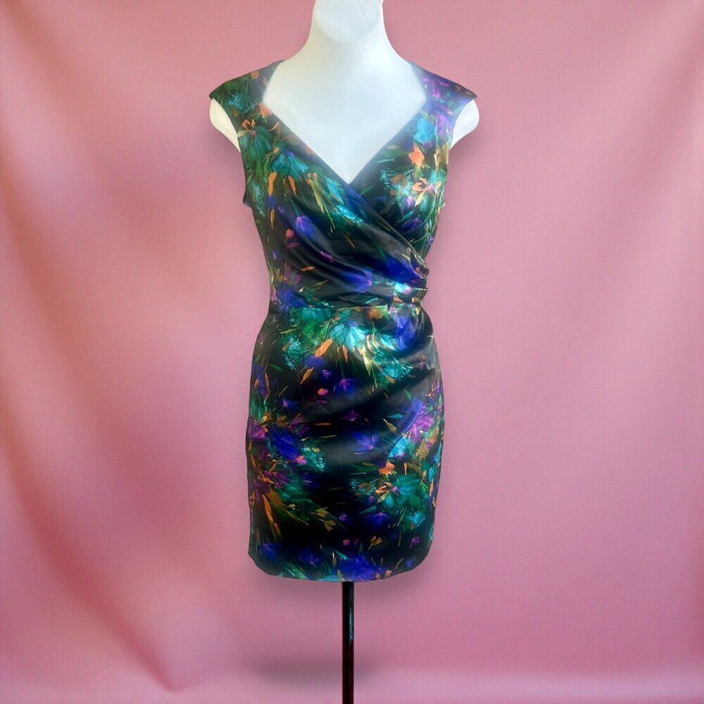 London Style Nights Colorful Open Back Abstract Print Sleeveless Dress Size 16